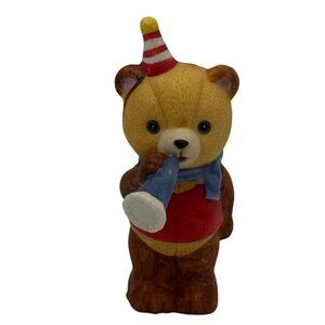 Ceramic Birthday Party Bear Figurine With Party Hat & Horn 3.75 inches